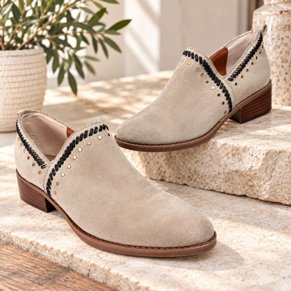 Latigo Dallis Studded Suede Stitched Ankle Boots Taupe Brown Sz 7 Boho Western